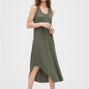 Gap Womens Slub Knit Sleeveless Midi Tank Dress Olive Green High Low Hem S NEW